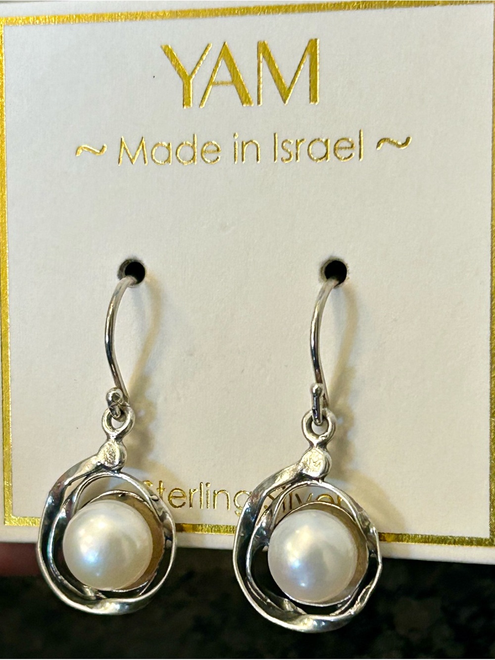 YAM 925 Sterling Silver Faux Pearl Drop Earrings with Hammered Swirl